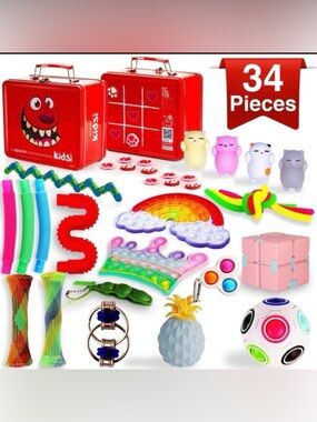 Fidget Sensory Squishy Toy Pack - 34 pcs in a Tin Box